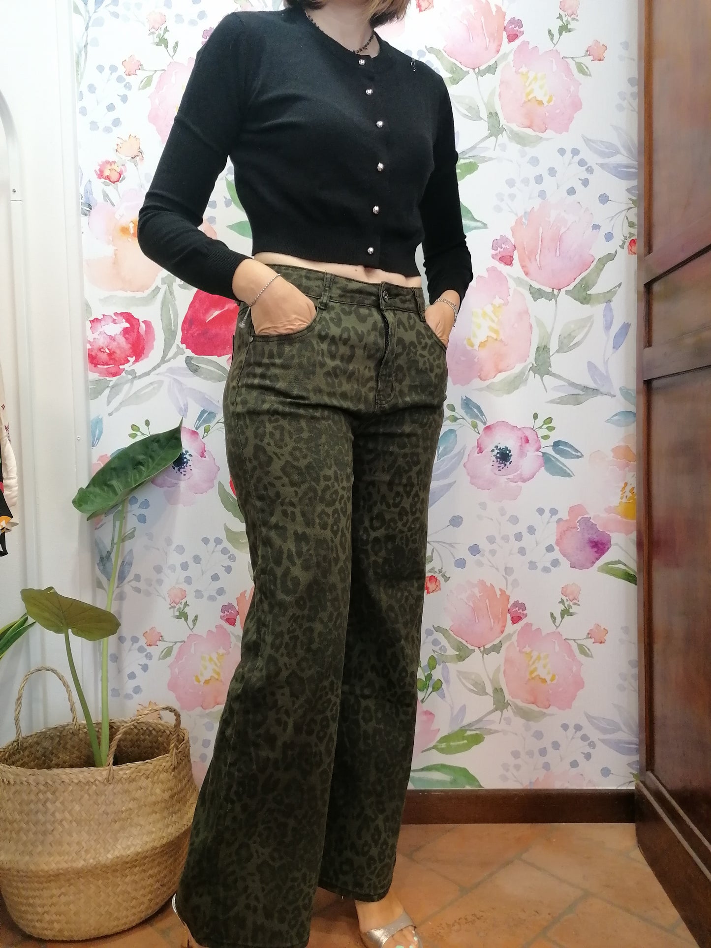 Pantaloni palazzo in denim animalier VERDE