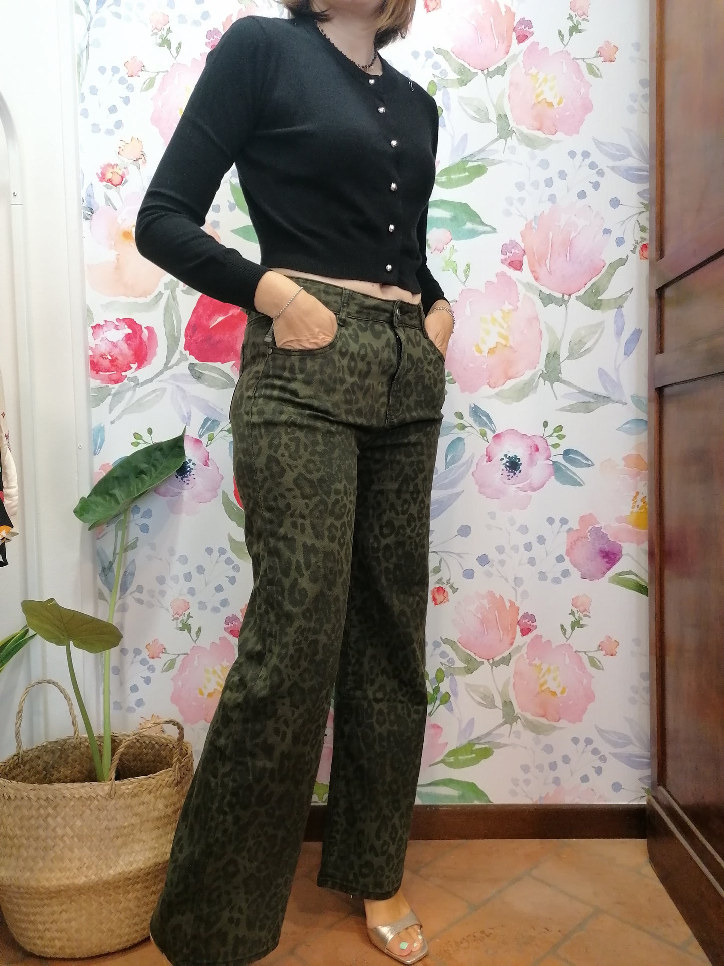 Pantaloni palazzo in denim animalier VERDE