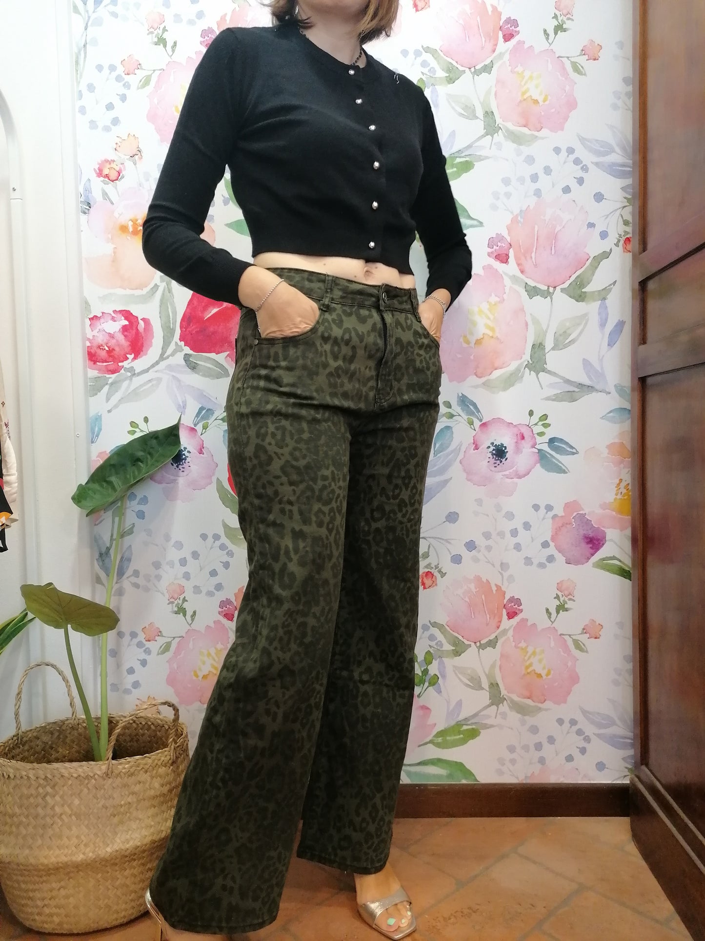 Pantaloni palazzo in denim animalier VERDE