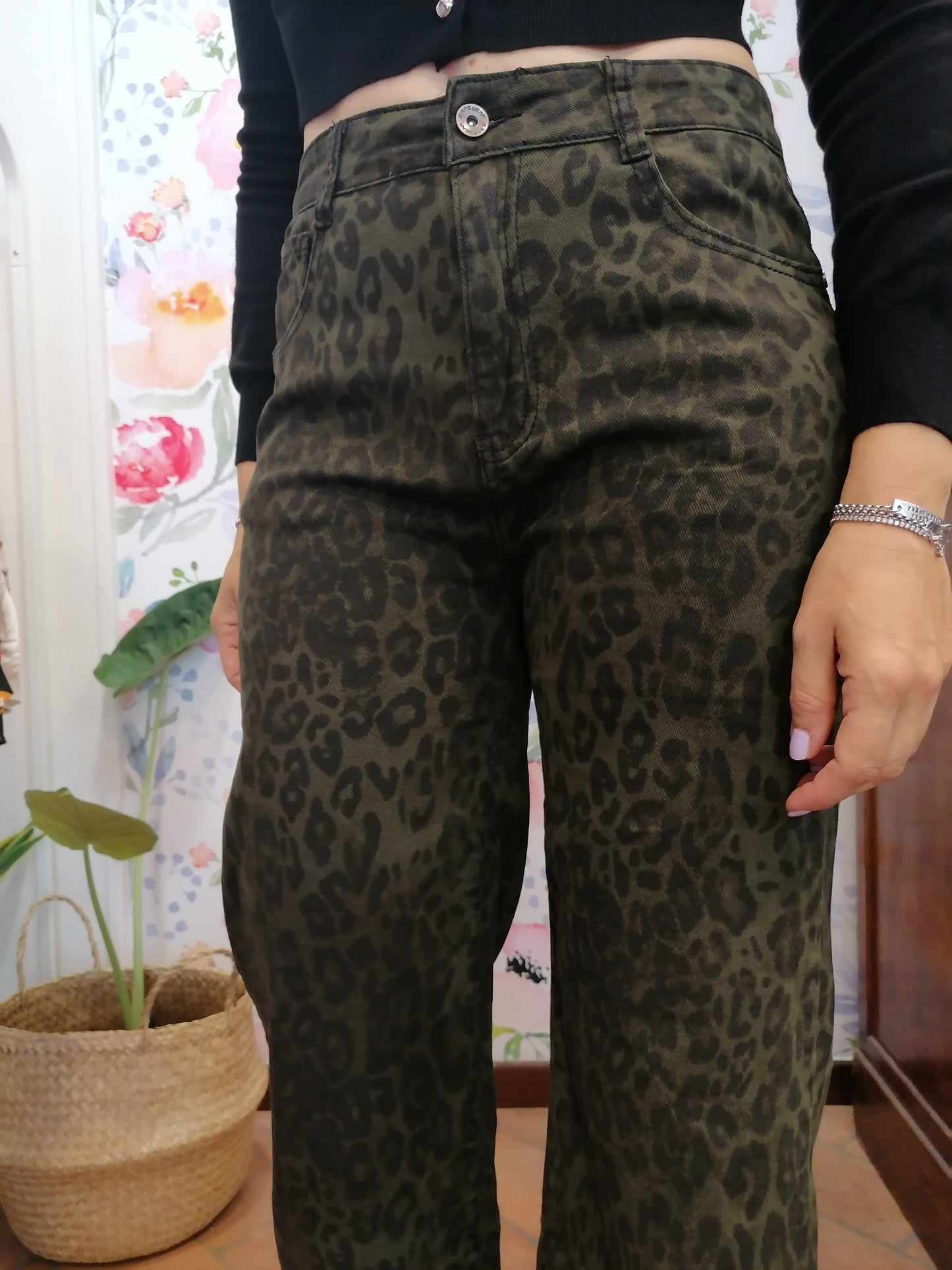 Pantaloni palazzo in denim animalier VERDE
