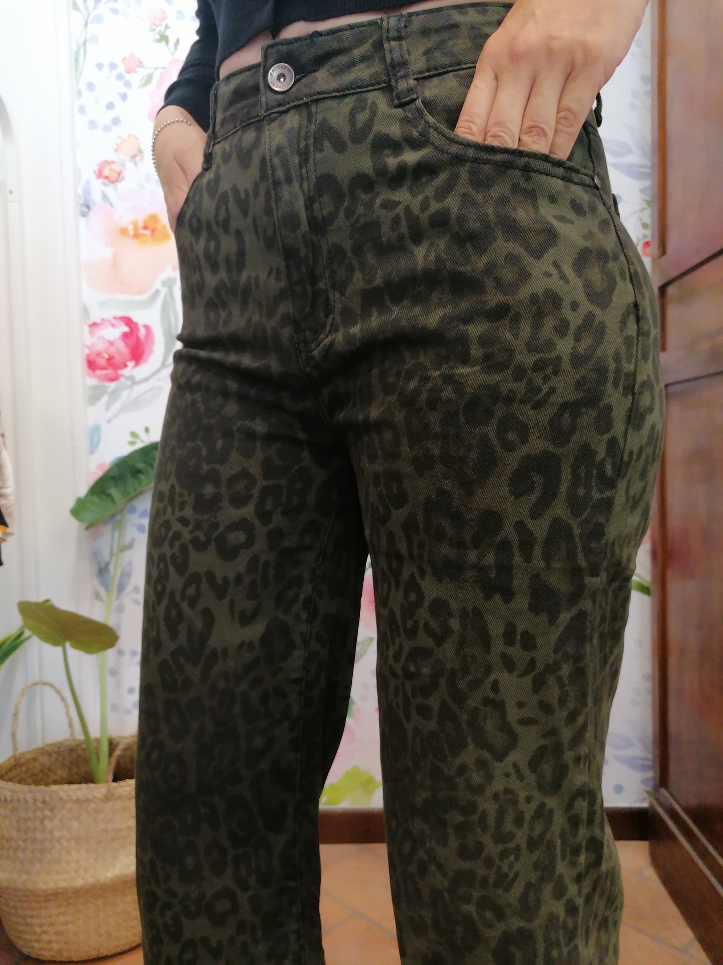 Pantaloni palazzo in denim animalier VERDE