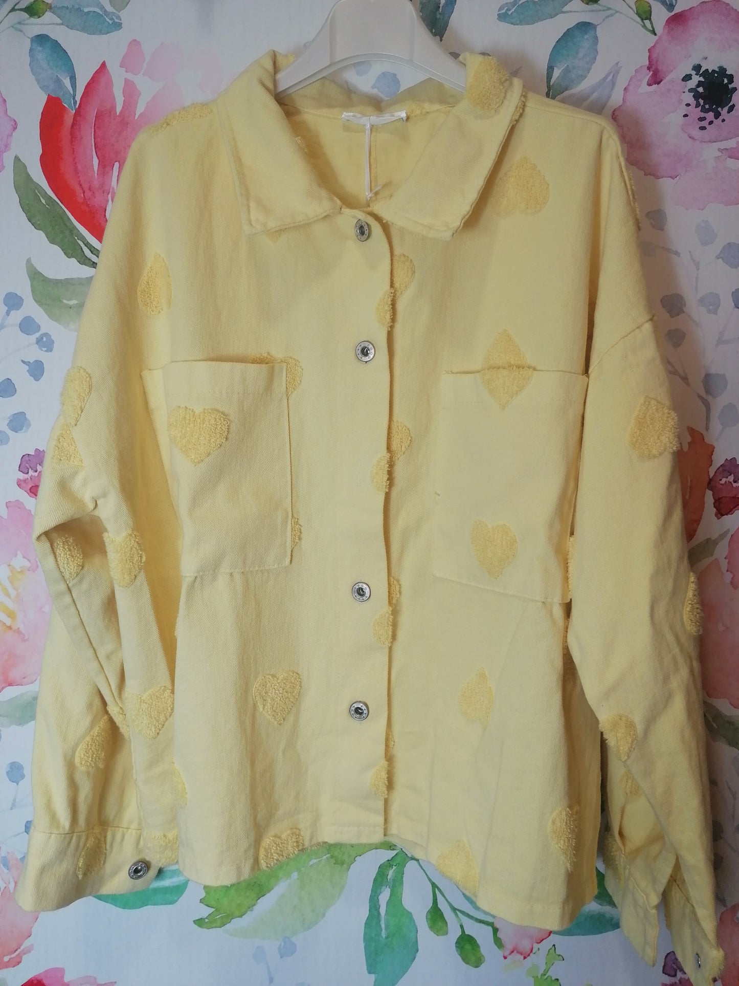 Camicia denim overshirt con cuori in spugna gialla
