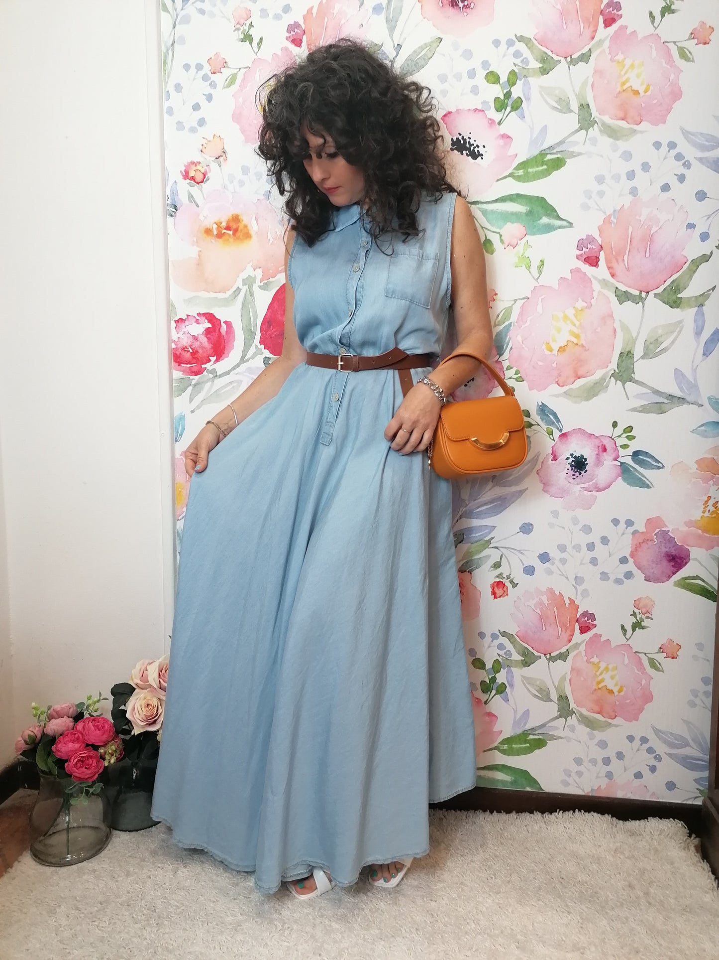 Abito lungo denim smanicato