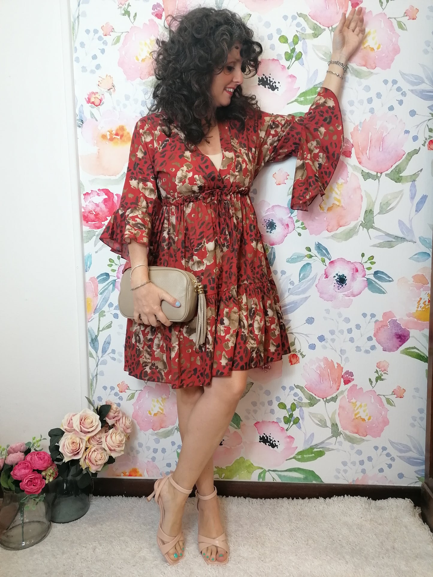 Abito jungle rosso in cotone
