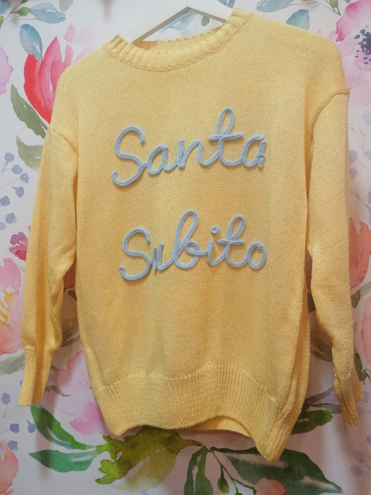 Maglioncino cotone con scritta ricamata "Santa Subito" giallo