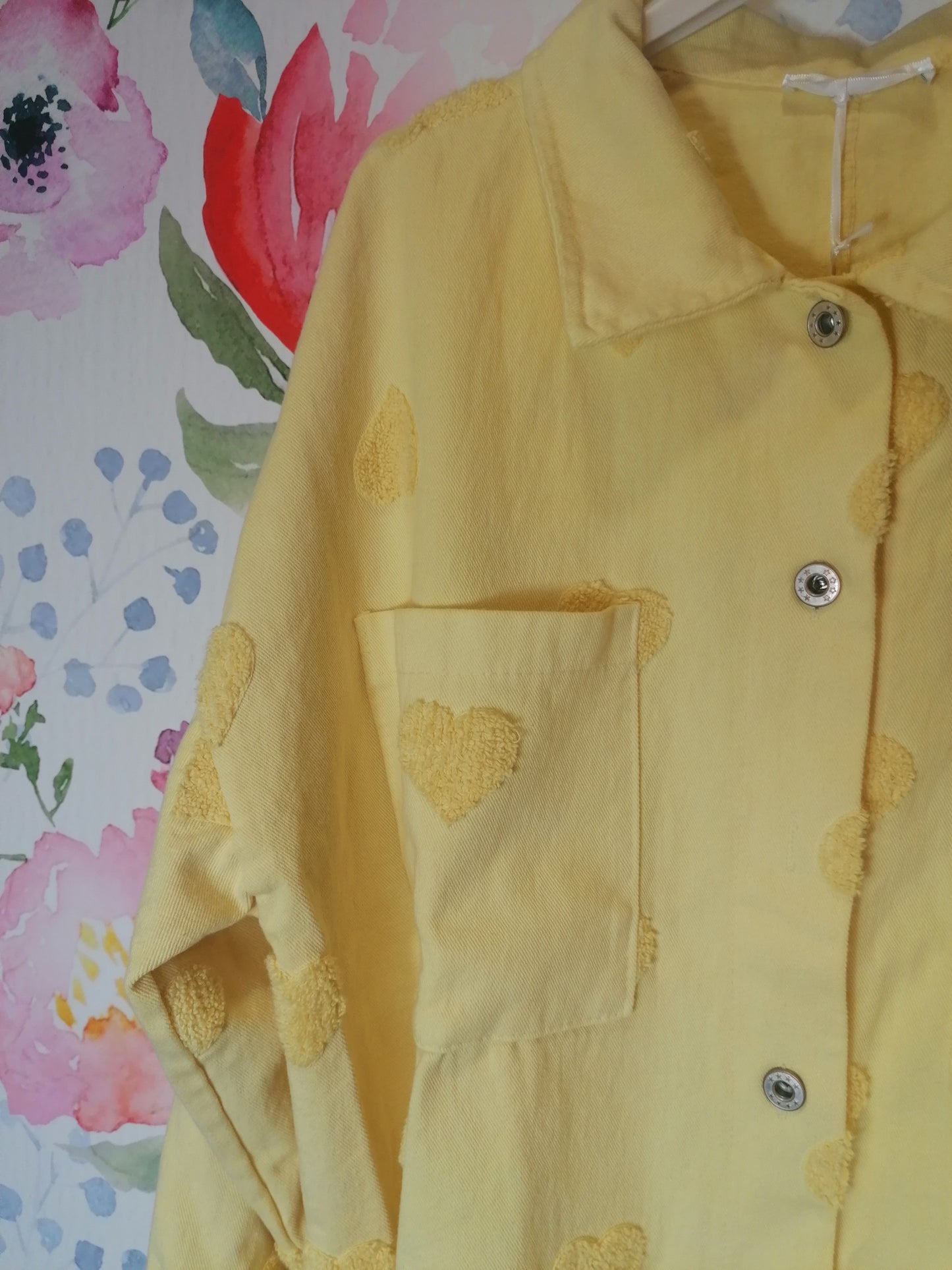 Camicia denim overshirt con cuori in spugna gialla