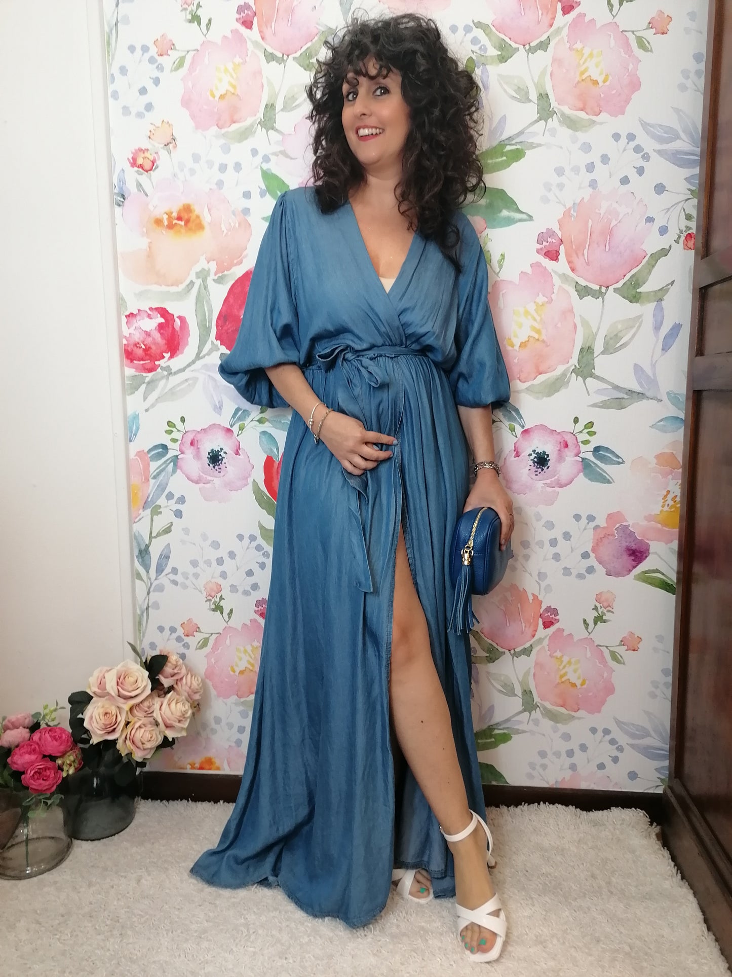 Abito lungo denim scollo portafoglio