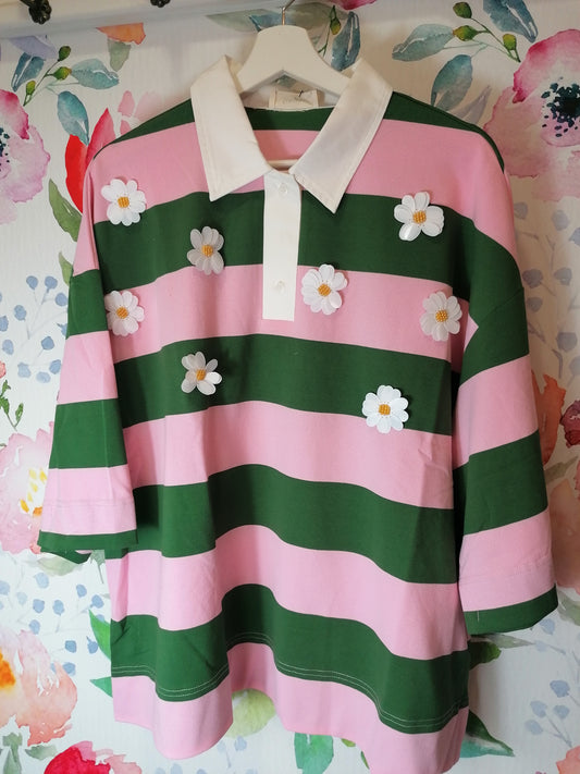 Polo over righe e fiori verde