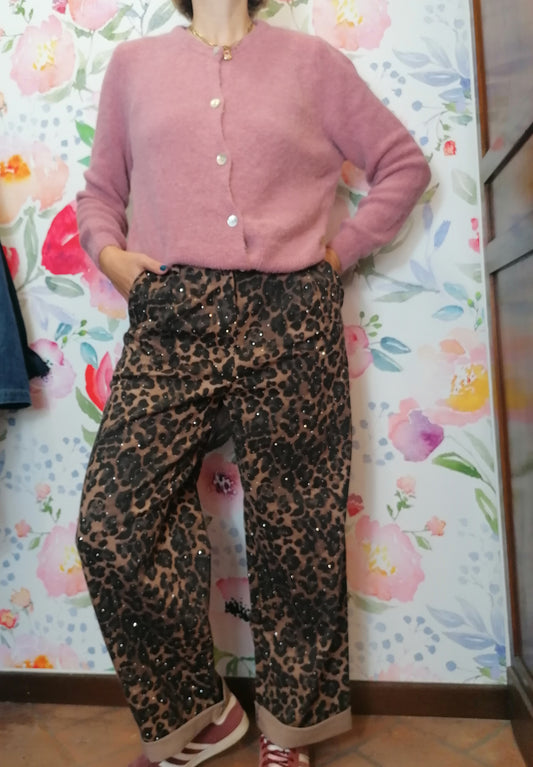Pantaloni denim animalier com micro brillantini
