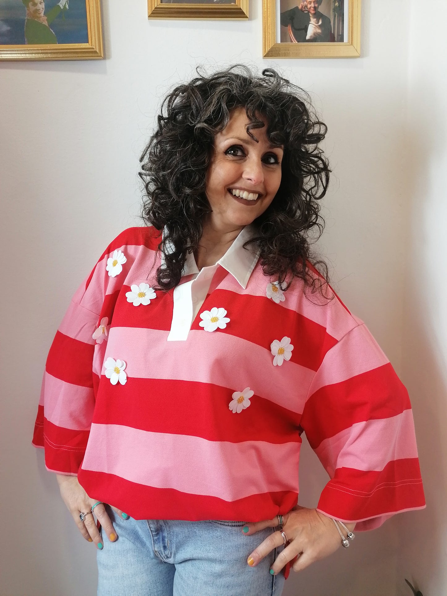 Polo over righe e fiori rosso/rosa