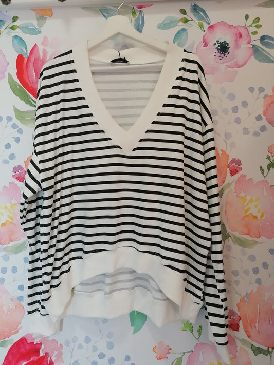 Maglia di cotone a righe  scollo a V nero